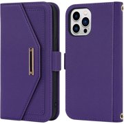 Crossbody Wallet for iPhone 12 Pro Max Case with Adjustable Lanyard Strap Credit Card Holder 6.7,PU Leather Handbag Purse Kickstand Make Up Mirror Cover Case for Men Women Girl,Purple