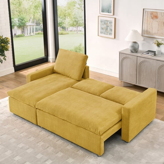 L Shaped Convertible Sleeper Sofa in Yellow Corduroy (90" Sectional) for Living Room
