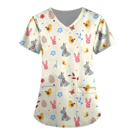 

DNDKILG Scrubs Top for Women Holiday Pockets Nursing Scrubs Casual V Neck Uniform Easter Professionals T Shirt Khaki 3XL
