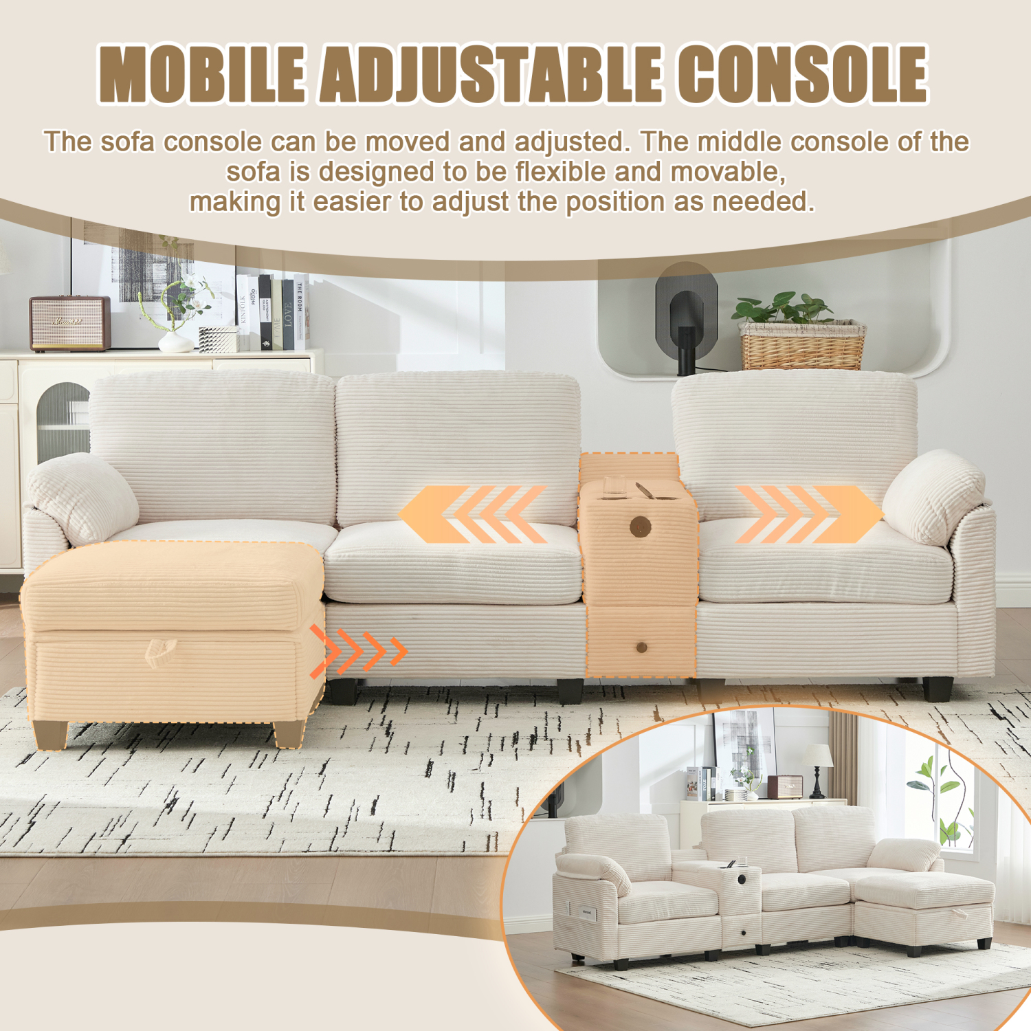 Leumius L-Shaped Sectional Sofa for Living Room,105" Modular 4-Seater Upholstered Sofa Couch with Cup Holder/USB Interface/Storage Box,Beige