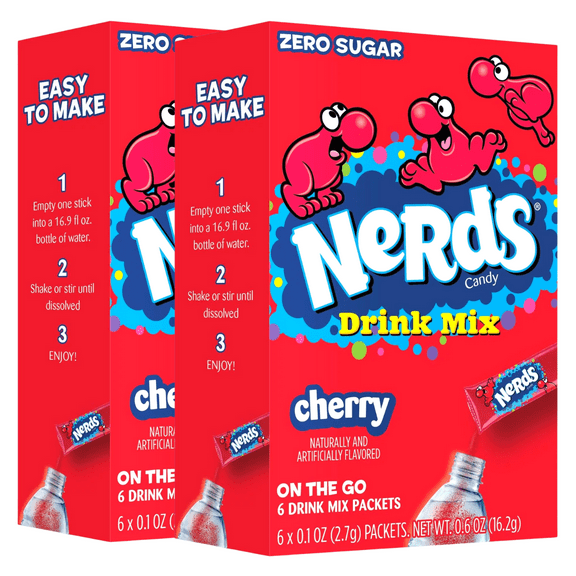 Nerds Candy Cherry Flavored On The Go Powdered Drink Mix Zero Sugar Low Calorie Easy to Prepare Indoor and Outdoor Picnic Drink Mix 2 Boxes, 6 Packets per Box, 12 Total Servings