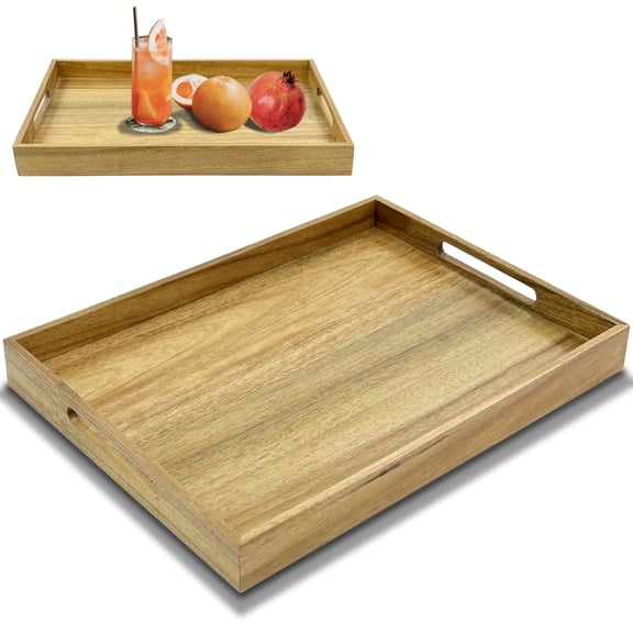 Acacia Wood Serving Tray with Handles (17 Inches) – Decorative Serving Trays Platter for Breakfast in Bed, Lunch, Dinner, Appetizers, Patio, Ottoman, Coffee Table, BBQ, Party –Great for Lap &Couch