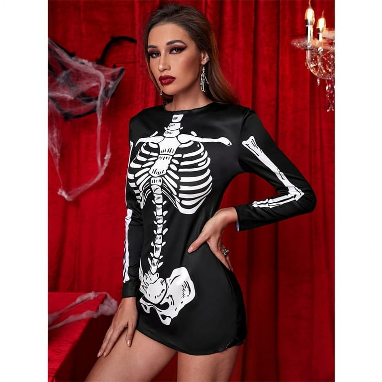 Women's Halloween Skeleton Dress Costume Female Sexy Skull Pattern Long  Sleeve Stretchy Short Mini Dresses Lady Cosplay Party Game Festival Stage  Performance Fancy Dress up - Walmart.com
