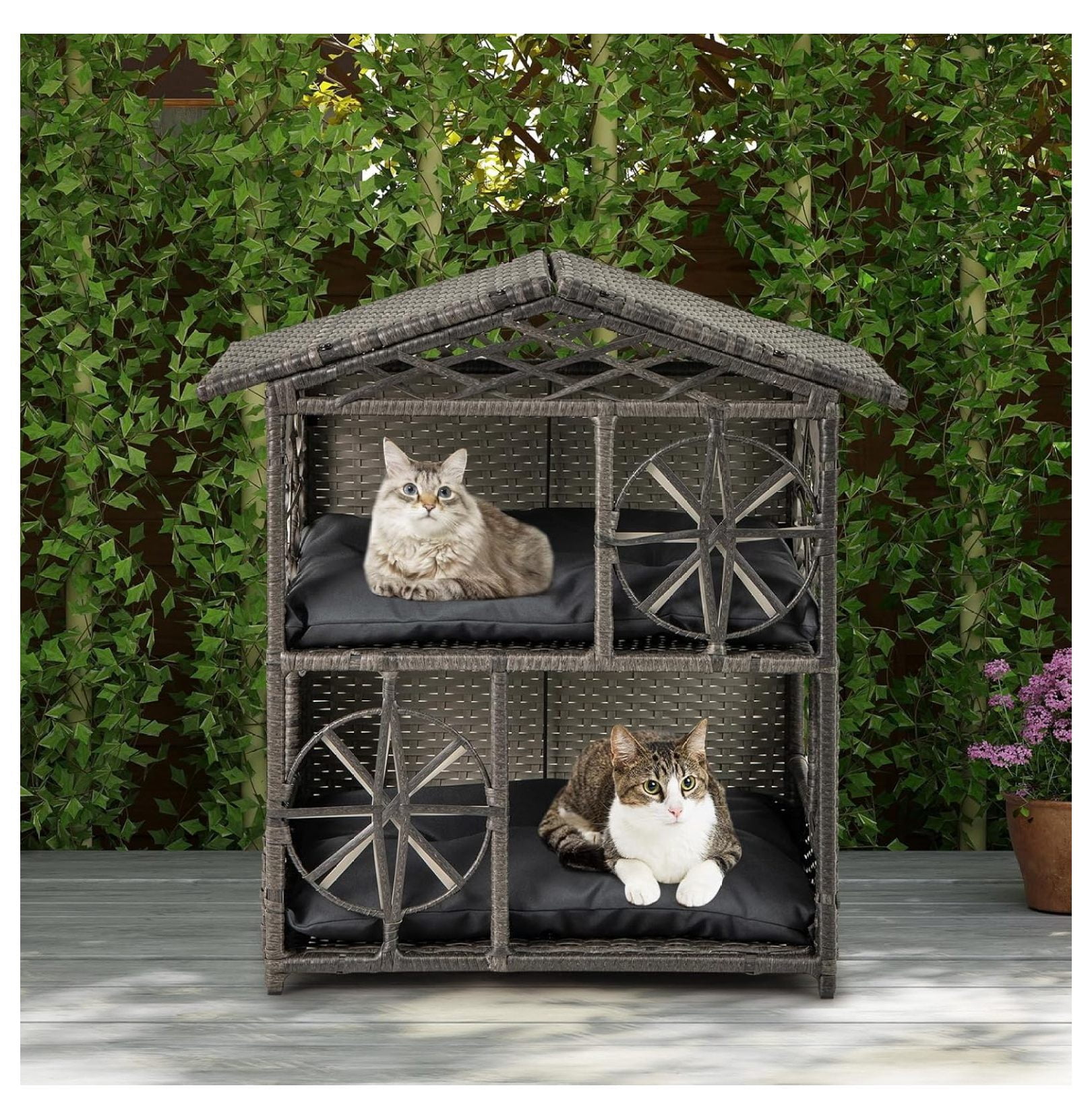 2-Story Rattan Cat House, Indoor Outdoor Aesthetic Large Kitten Cave Hideaway with Soft Removable Cushions, Side Entrances, 27 x 16 x 27.5 inches