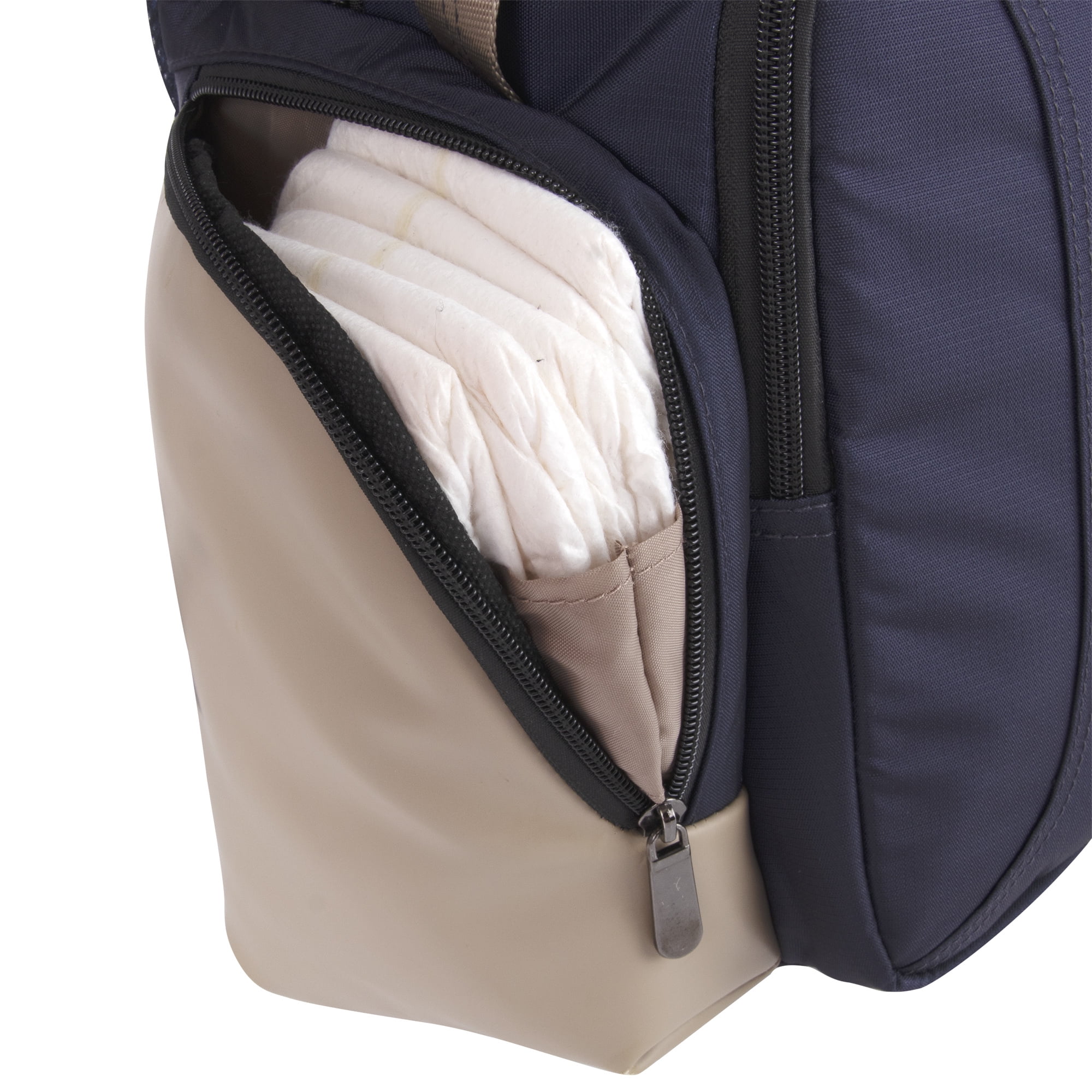 Baby Essentials Super Cooler Multi-Pocket Dual Zipper Closure Diaper Bag Backpack with Matching Changing Pad, Insulated Bottle Pockets and Stroller Straps in Navy Blue & Tan