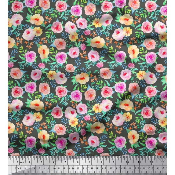 Soimoi Gray Cotton Cambric Fabric Leaves & Floral Watercolor Printed Fabric 1 Yard 42 Inch Wide