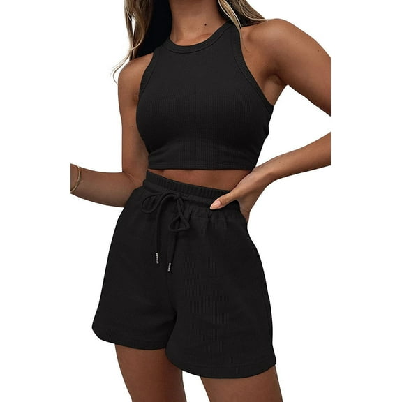 Women Summer Lounge Sets Casual Waffle Knit Crop Top Shorts Outfits 2 Piece Sets Sleepwear Black S