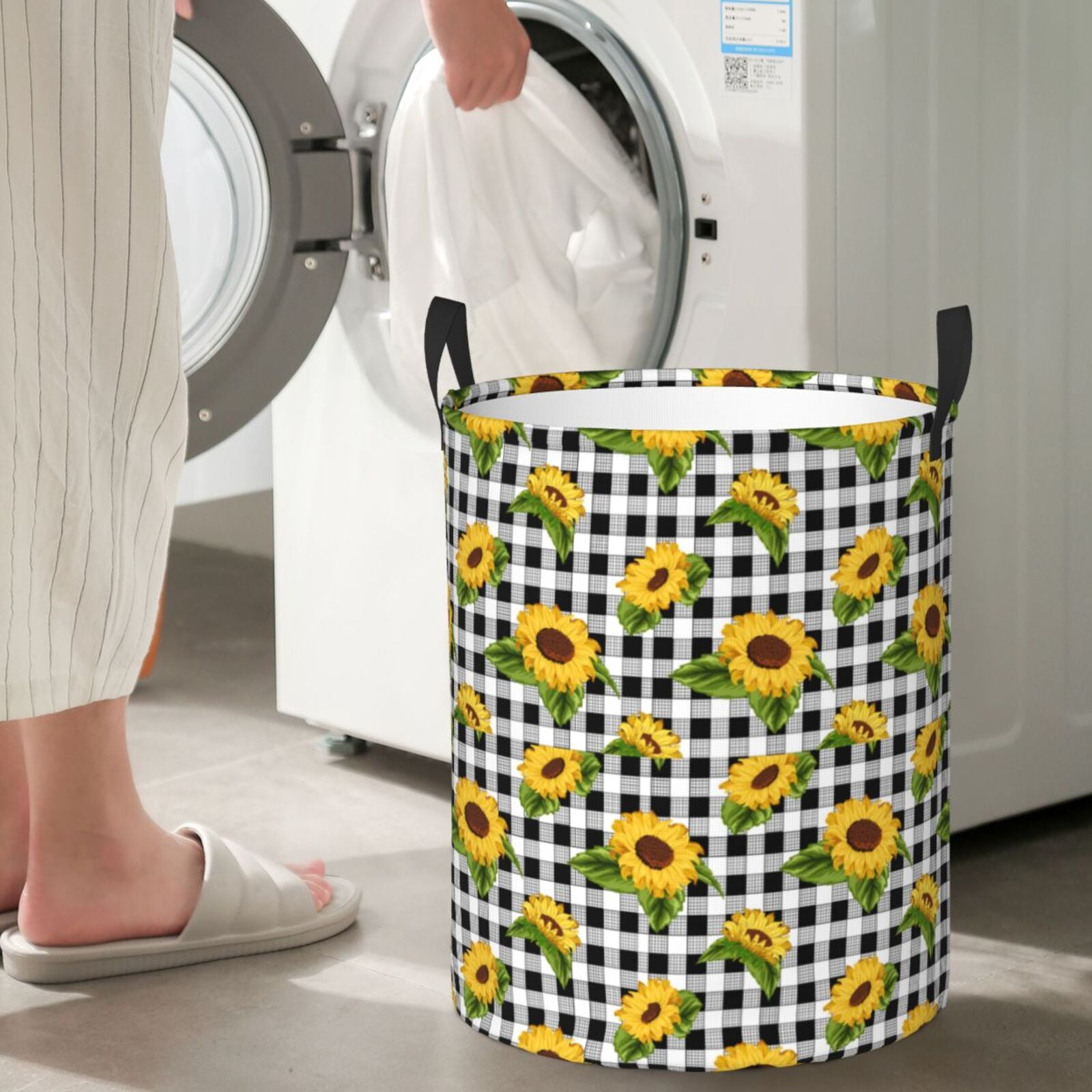 Large Laundry Basket with Handles - Sunflowers checkered plaid Kids Baby Dirty Clothes Laundry Hamper for Bedroom Aesthetic