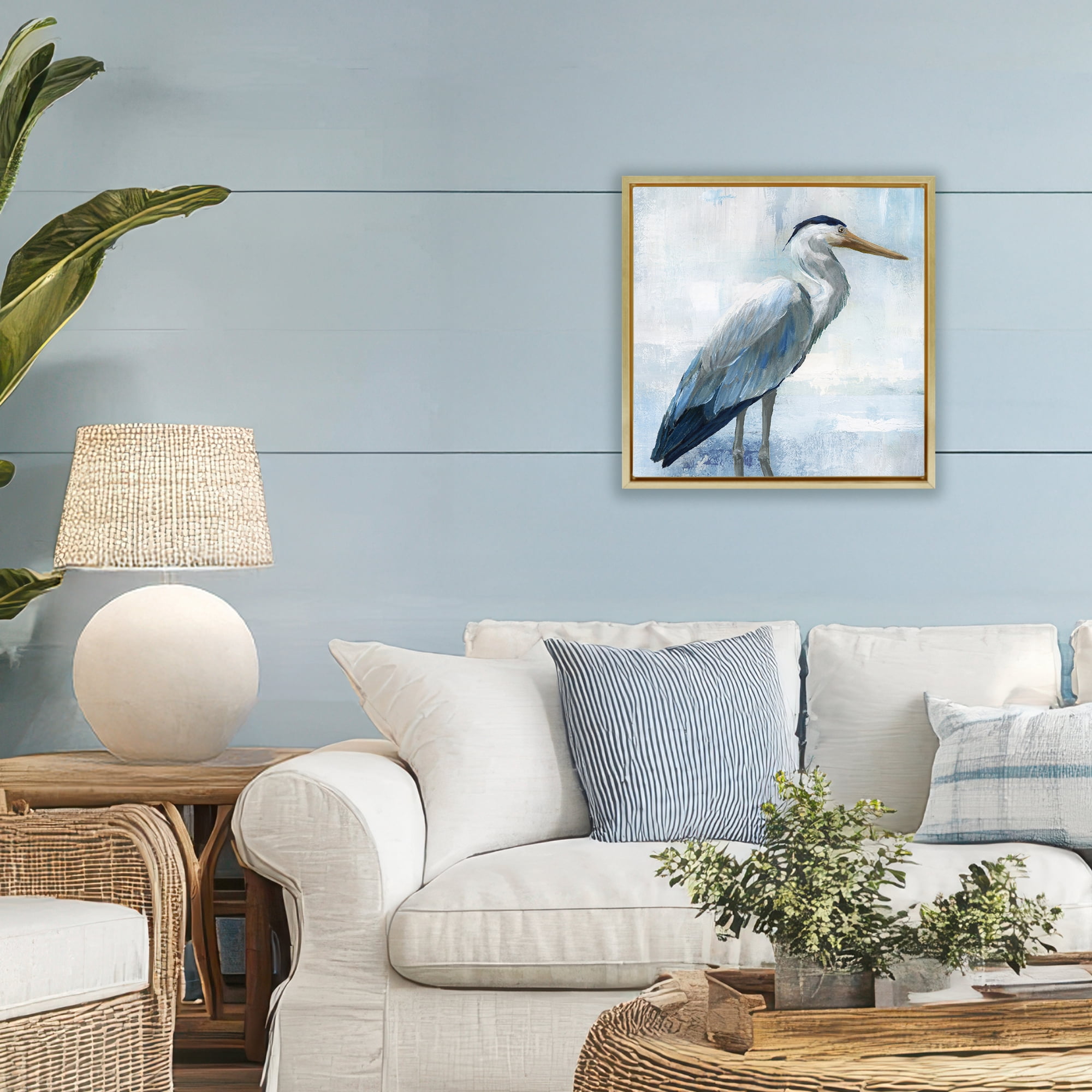 Stupell Industries Serene Blue Heron In Aqua Gold Framed Floater Canvas Wall Art, design by Nan