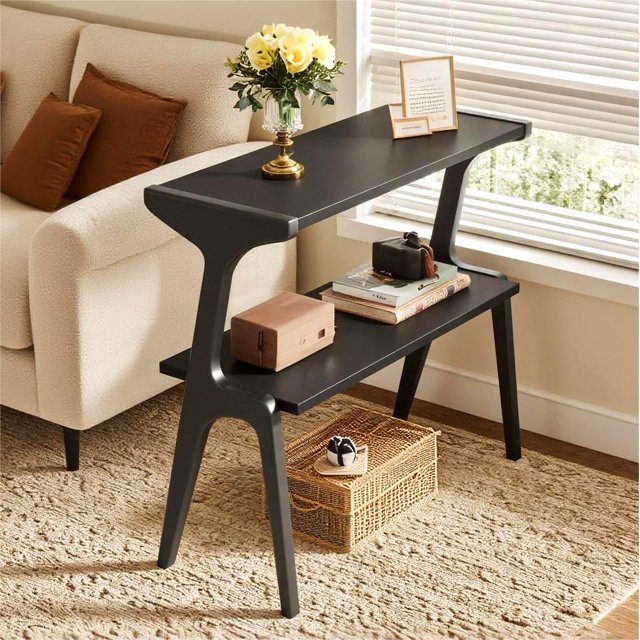 Fnova Table d'Extrémité Étroite Tables d'Appoint Modernes Table de Canapé en Bois avec Tablette de Rangement, Table de Chevet Style Ferme, Assemblage Facile, Table d'Angle, Table à Boissons pour Salon, Chambre, Table de Nuit