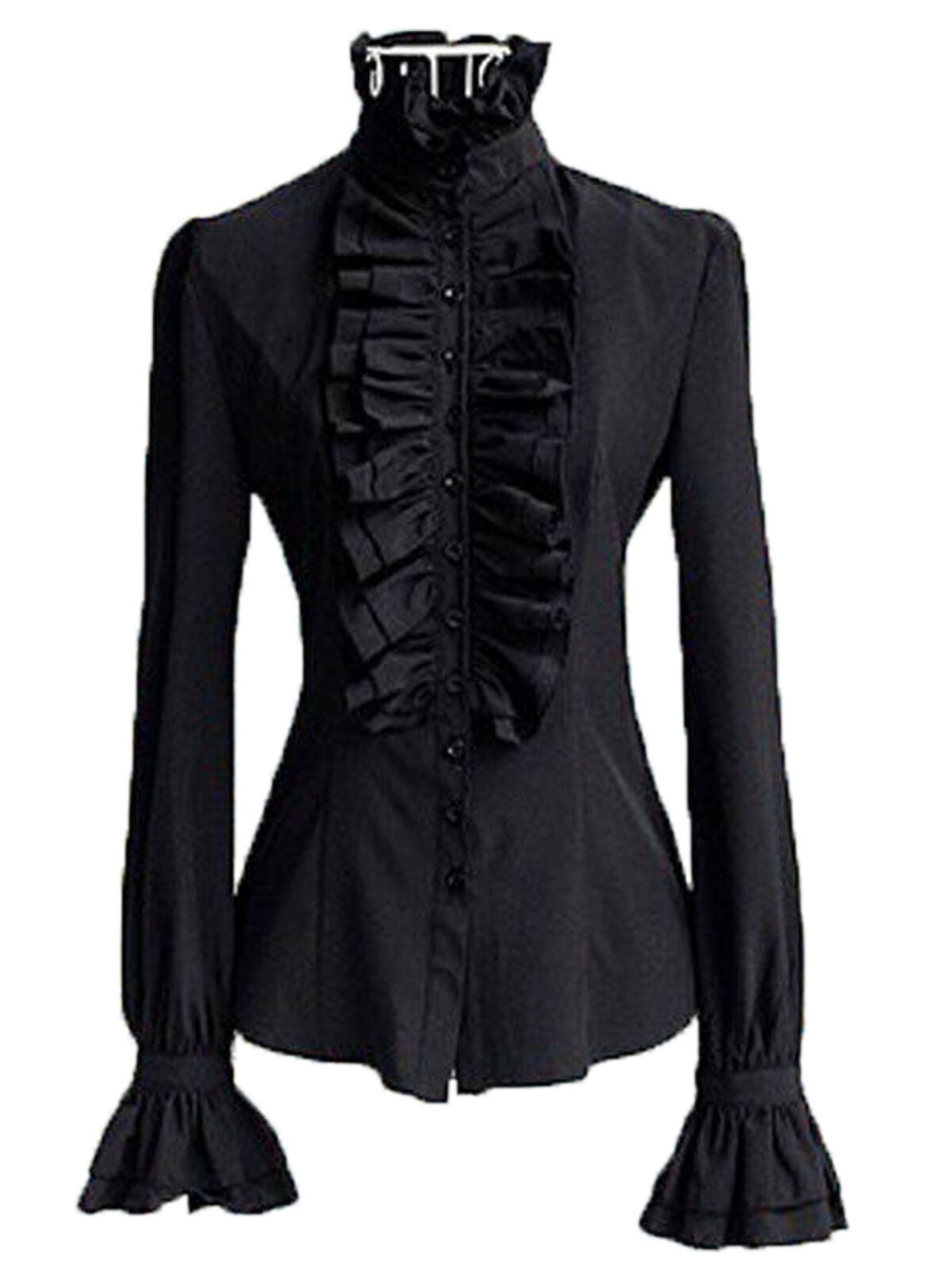 Womens Lace Shirt Blouse Ruffle Puff Sleeve Stand Collar Tops Gothic Victorian 