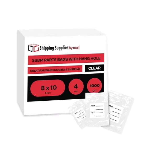 SSBM 8" x 10" Parts Bag with Hang Hole - 4 Mil - White Block 4" x 4" 1000 Pcs with Zipper Closing