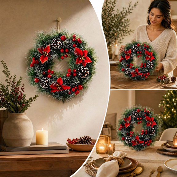 YuanGuangQ Winter Flocked Christmas Wreath, with Berries Pinecone and Decorative Ornaments, for Front Door Wall Holiday Home Party Mantel Fireplace Indoor Outdoor Xmas Decor