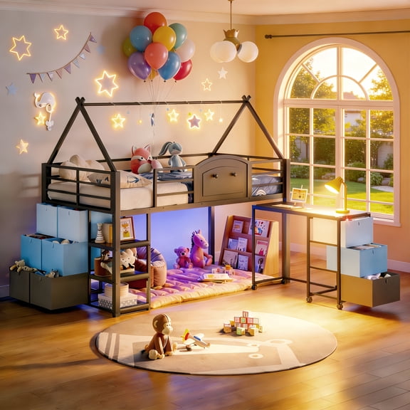 Low Twin Loft Bed with Movable Desk & 9 Storage Drawers LED Lighting Canopy House Bed with Storage Shelves Stairs, Blue Space Saving