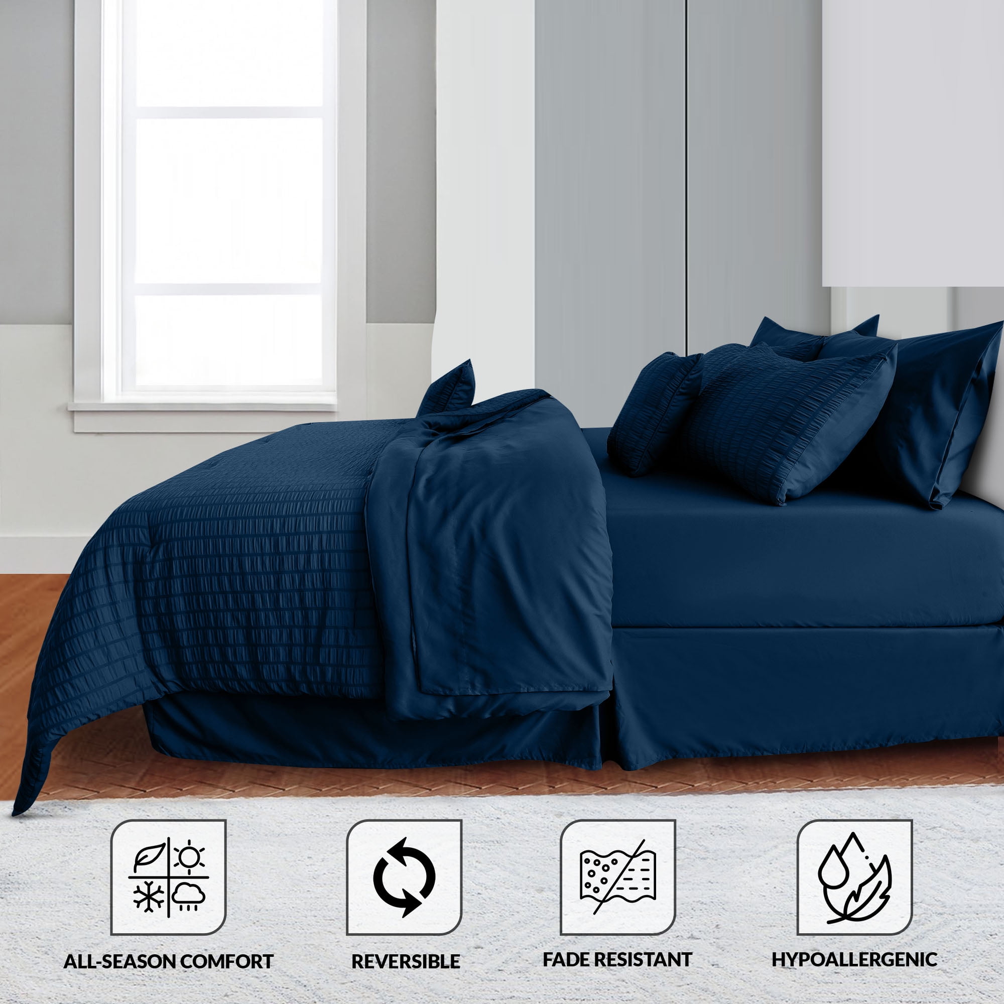 Lux Decor Collection Twin Seersucker Bedding Comforter Set – All-Season 8 Pieces Bed in a Bag Includes Comforter, Sheets, Pillow Sham, Bed Skirt & Decorative Pillow for Ultimate Comfort - Navy