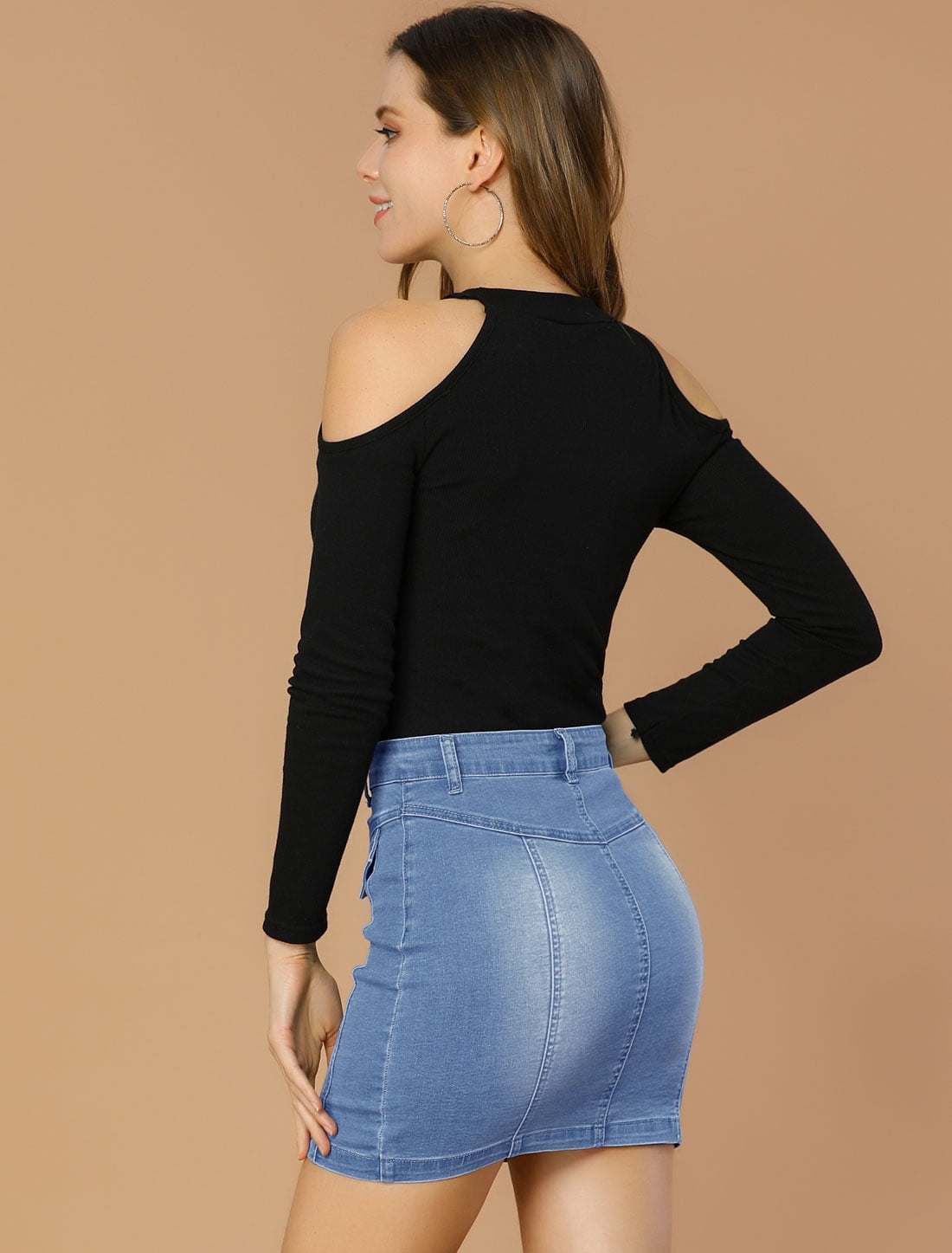 DARING DIVA Women's Denim Stretchy Zipper Front Bodycon Jean Skirt M Blue