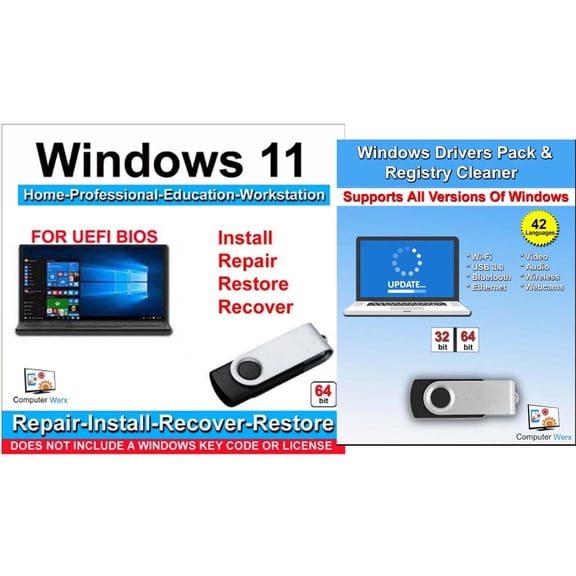 Computer Werx Windows 11 Home, Professional, Education & Workstation Repair, Restore, Recovery & Reinstall USB Flash Drive with Drivers Pack
