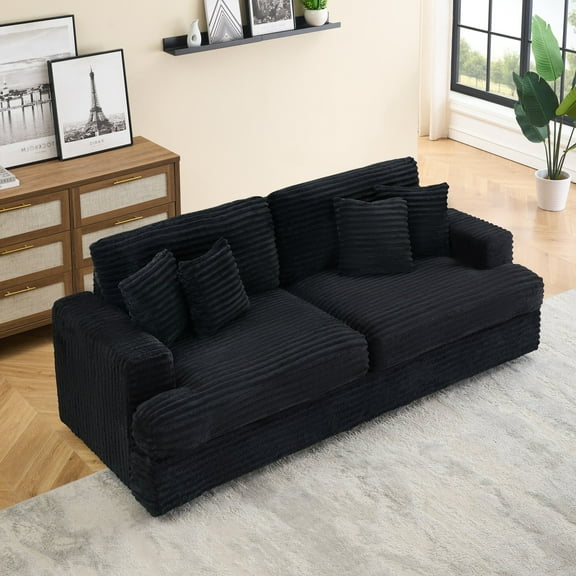 88.58" 3-seater Sofa, Corduroy Couch with Throw Pillows and Comfortable Seat, Modern Sofa for Living Room Apartment Office, Black