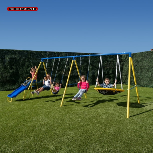 Sportspower Triple Swing & Saucer Metal Swing Set with Saucer Swing, Slide & 3 Adjustable Swings