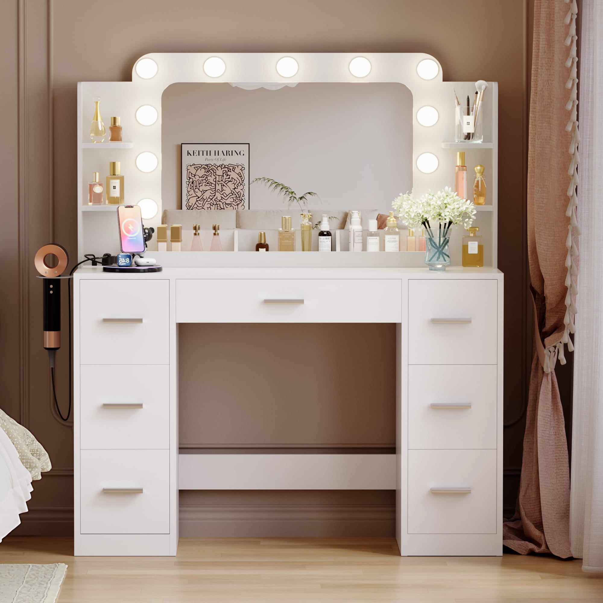 Furmax Vanity Set with Large Mirror & Adjustable Lights, Makeup Vanity Table with 7 Drawers & Open Shelves Vanity Desk for Bedroom, White