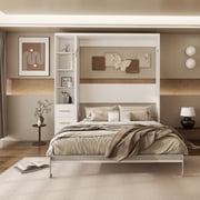 Queen Size Murphy Wall Bed With Desk & Single Side Cabinet,Space-Saving Furniture Desk Murphy Wall Bed for Hotel,Living Room, White