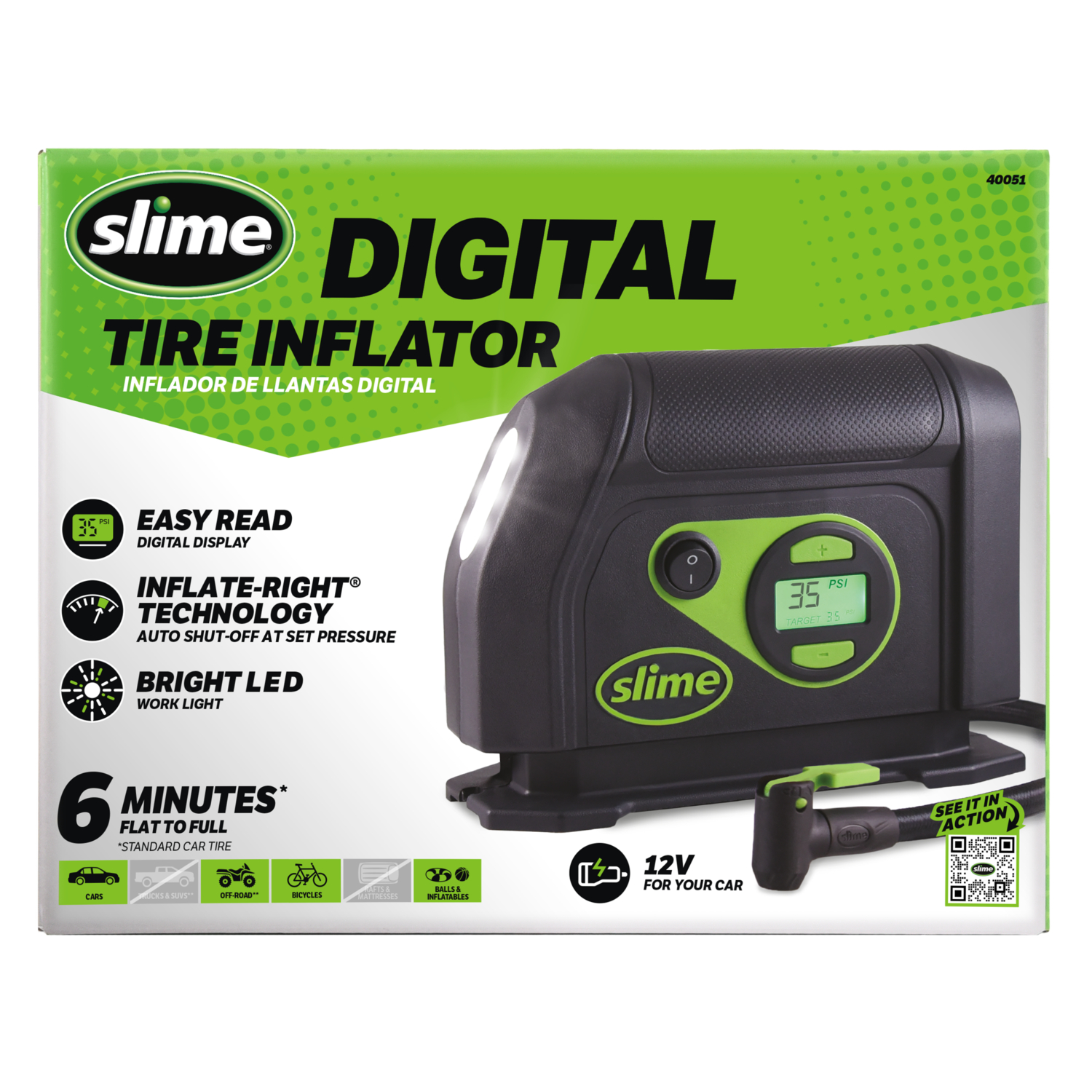 Slime 12V Digital Tire Inflator, Inflates a Standard Mid-Sized Car Tire in 6 Minutes - 40051w