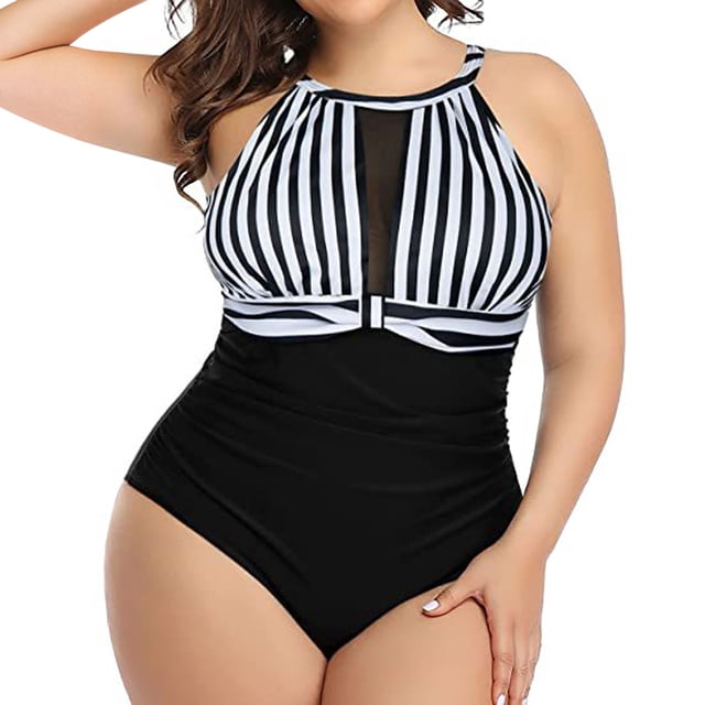Gibobby Bañador de una pieza Moda femenina suelta transpirable Sexy siamés conservador encaje plisado de talla grande(A,XL)