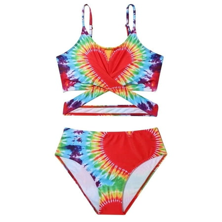 Toimothcn Girl s Bathing Suit Sleeveless Casual Tie Dye Printed 2 Piece Bikini Set Quickly Dry Cover Up Swimwear 6-7 Years