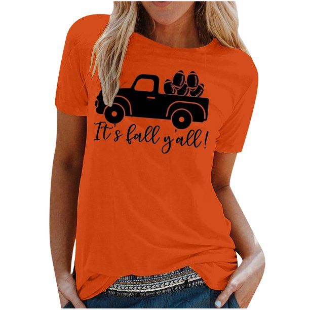 Blusa de manga corta con estampado de otoño y cuello redondo informal de verano para mujer Pompotops hfajkhk139918