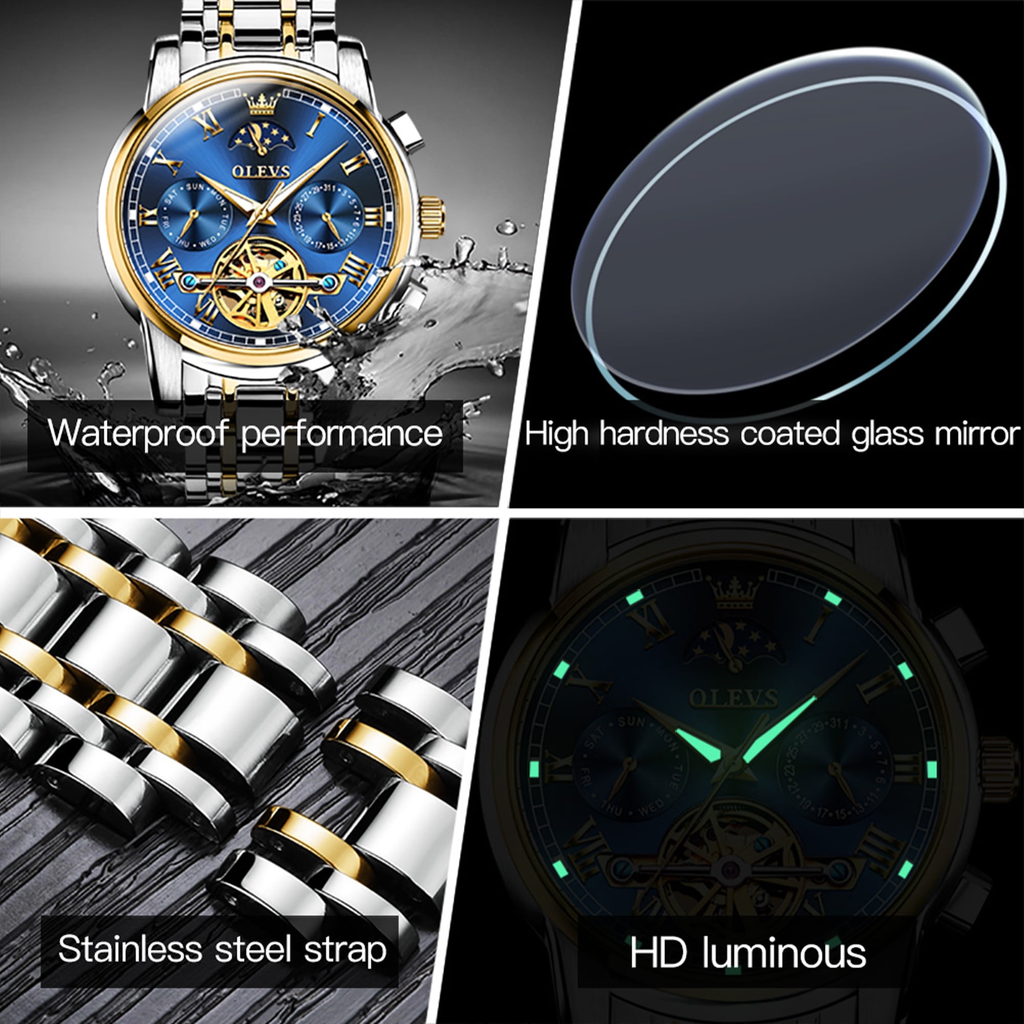 OLEVS Automatic Watches for Mens Skeleton Mechanical Self Winding Luxury Dress Mens Stainless Steel Watches Moon Phase Day Date Waterproof Luminous Reloj Para Hombre, Gifts for Men, Male 6617D