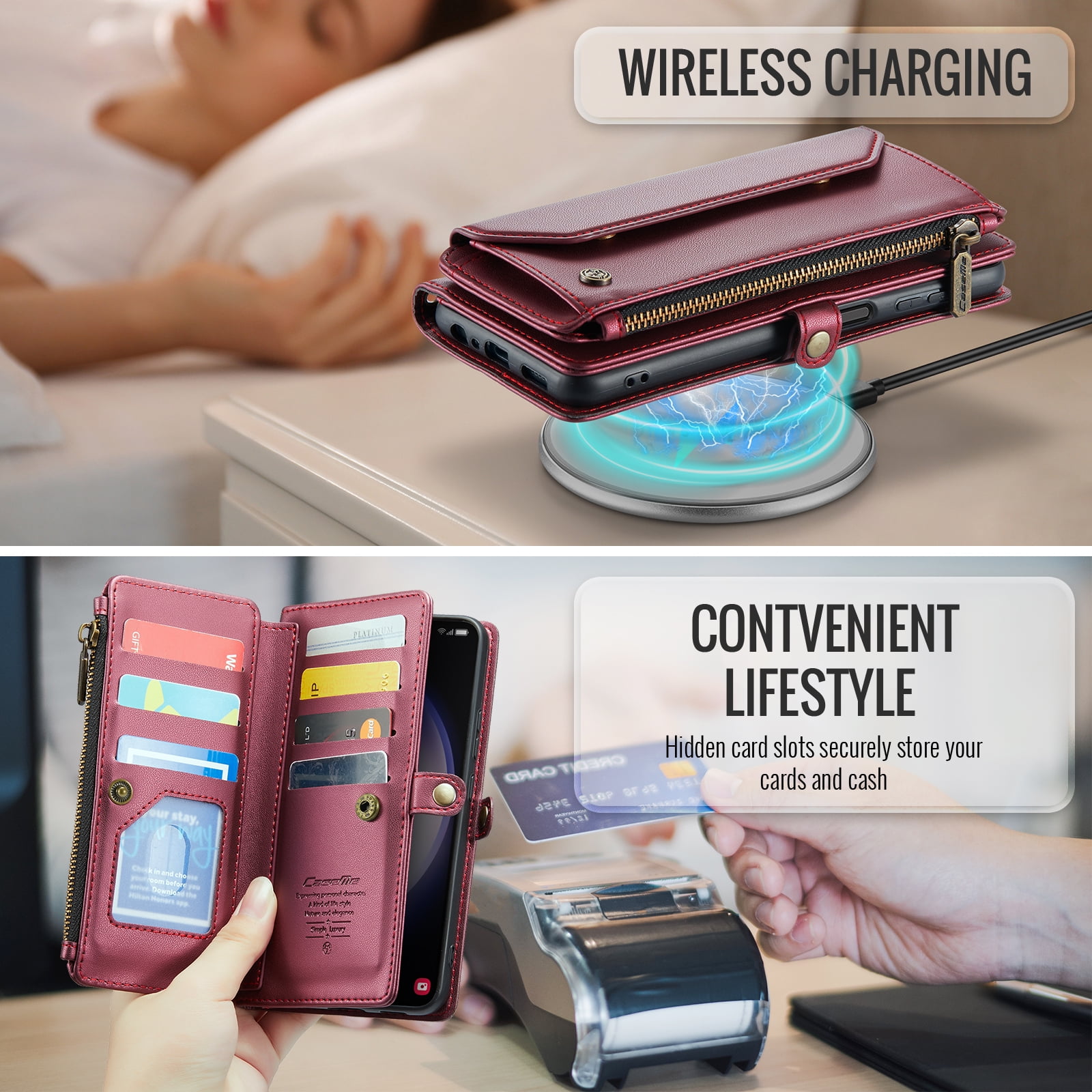 for Samsung Galaxy S23 Plus Full Body Protection Wallet Folio Flip Case, Shoulder Strap & Wristlet Card Slots Zipper Pocket RFID Blocking Rugged Durable PU Leather Phone Case Cover, Winered