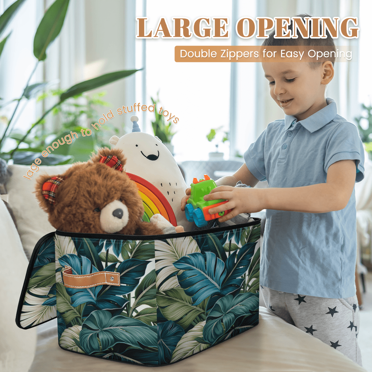 ADECORIVY Blue Green Leaves Storage Bin with Zipper Lid, Fabric Foldable Shelf Baskets Boxes, Closet Lidded Storage Bins, Decorative Clothes Organizer for Bedroom Home