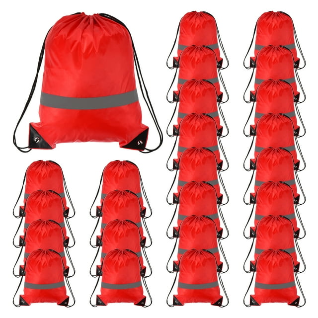 Unique Bargains Drawstring Backpack Bulk Gym Draw String Bags Reflective Strips Cinch Sack, Red 25 Pack
