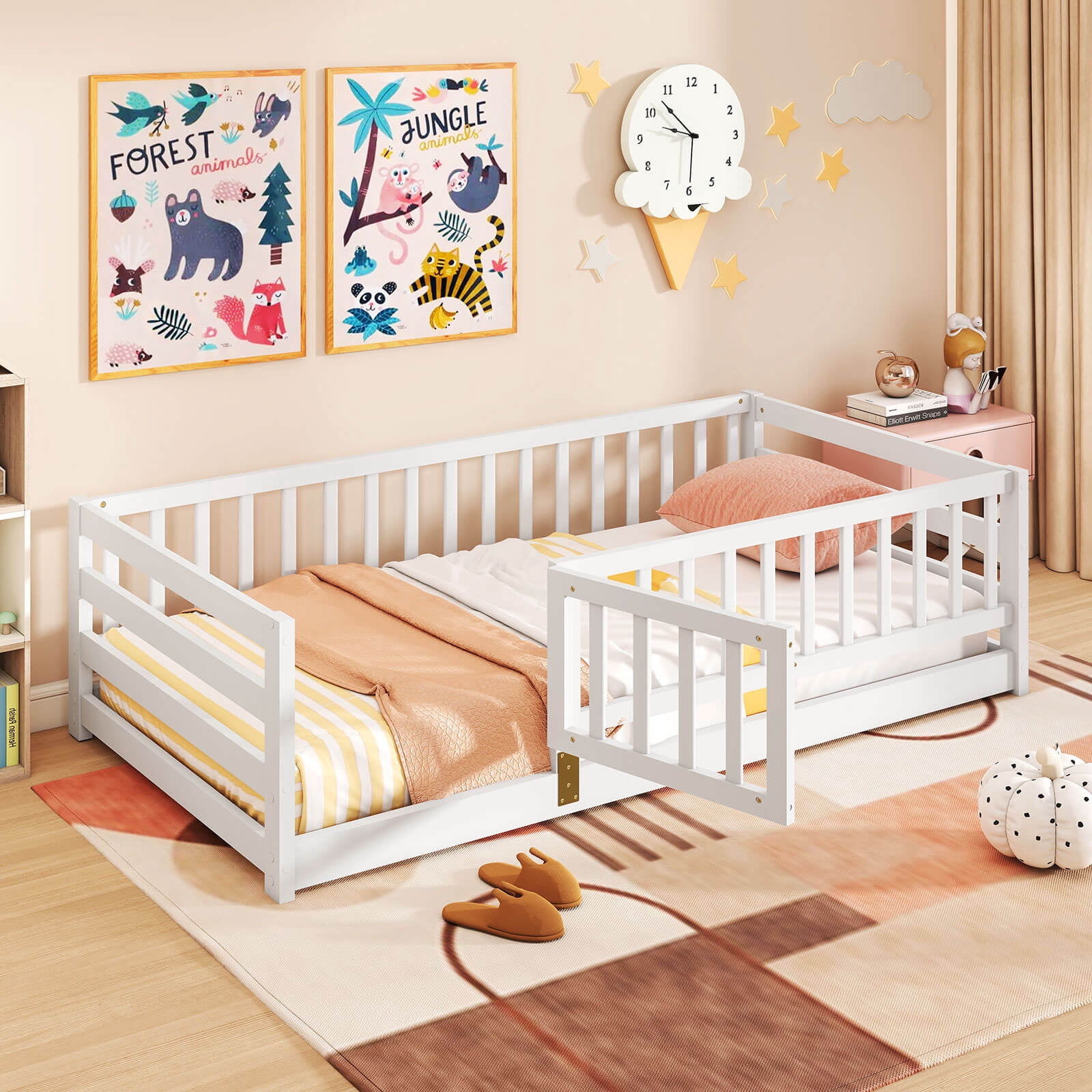 Infans Twin Size Floor Bed w/High Fence & Door Safety Guardrails Wood Floor Bed Frame