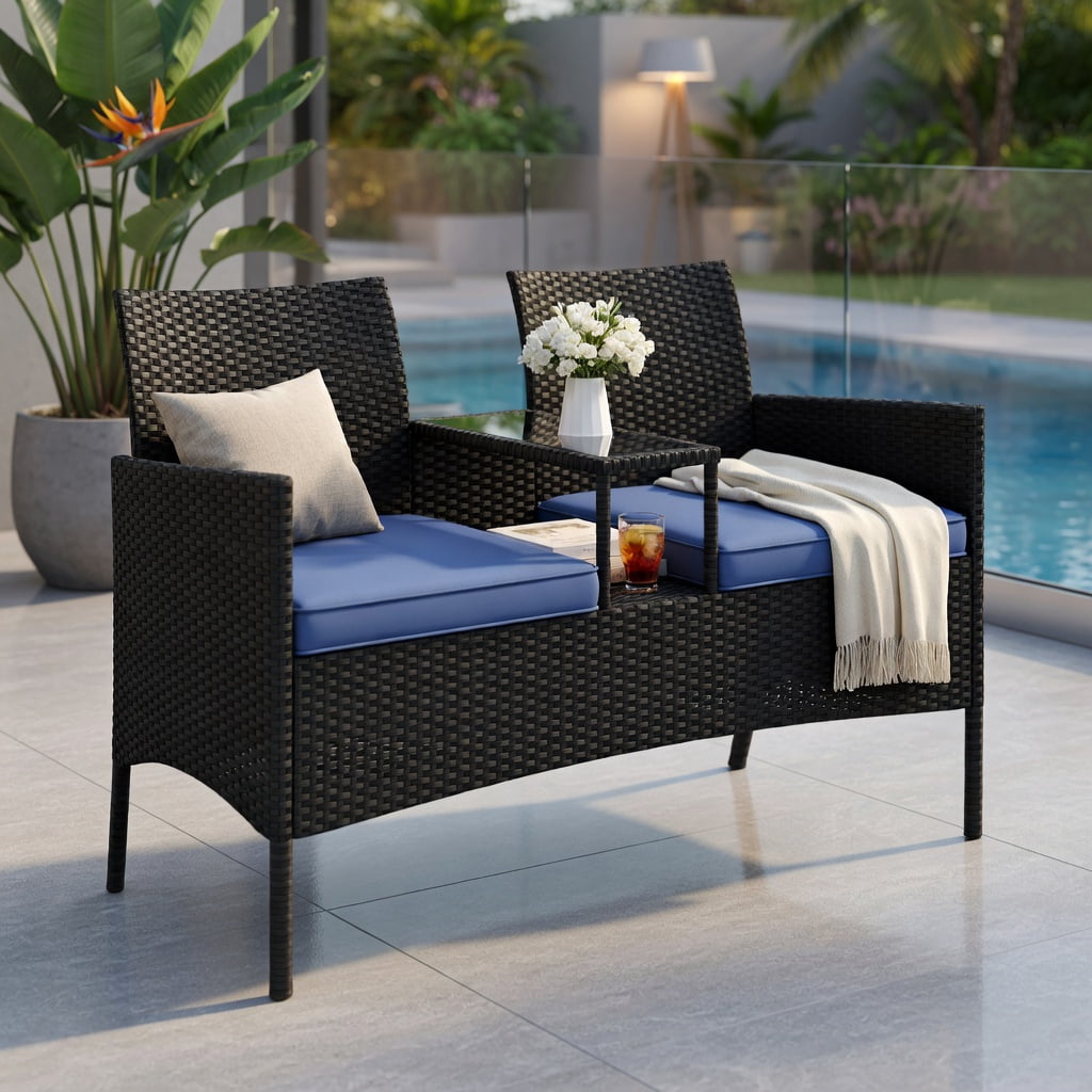 Hommoo Outdoor Loveseat with Built-in Tempered Glass Table, PE Rattan Patio Sofa for Backyard, Porch, Poolside, Navy