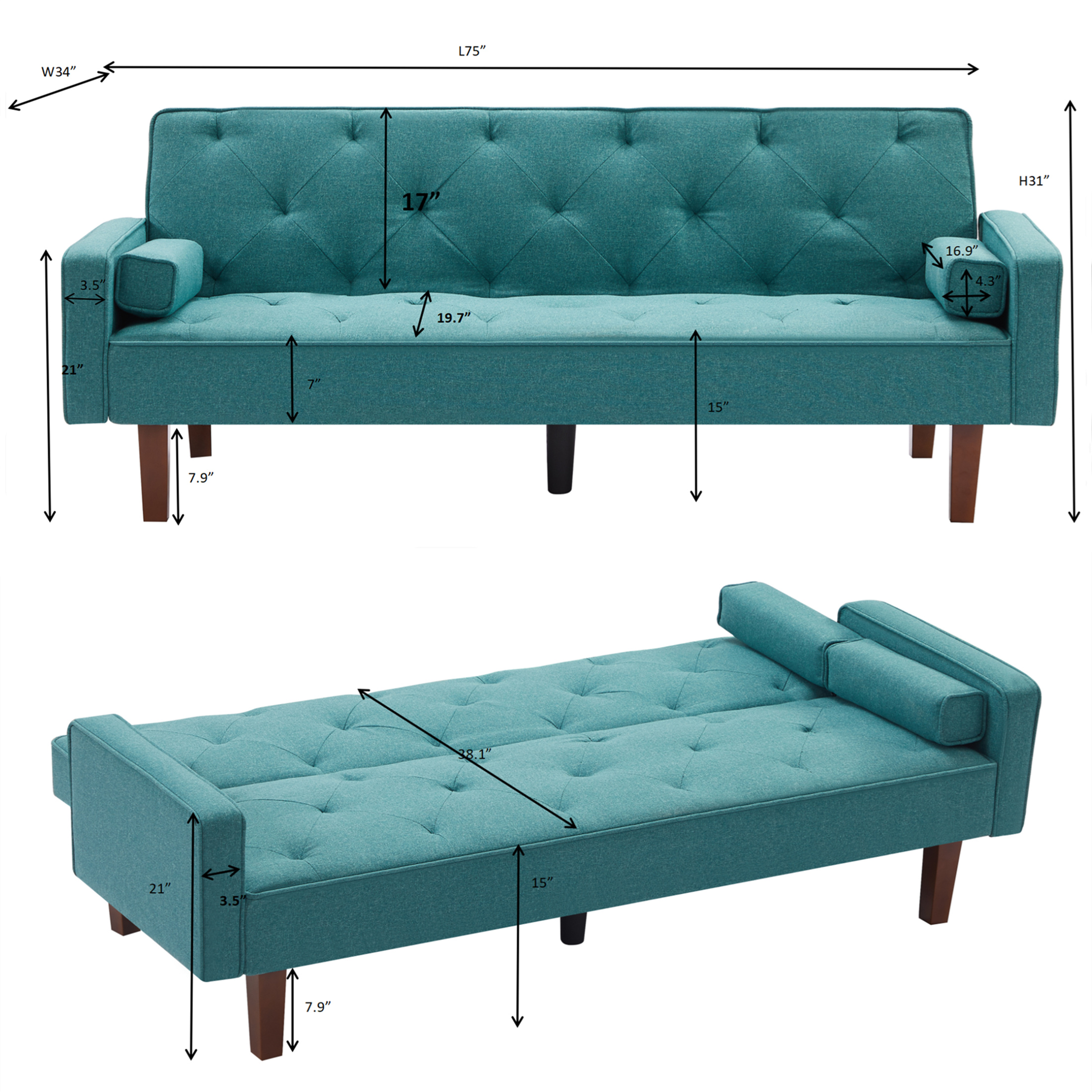 Aukfa 75" Square Arm Futon Convertible Sofa, Solid Wood Legs, Tufted Back, 2 Pillows, Blue