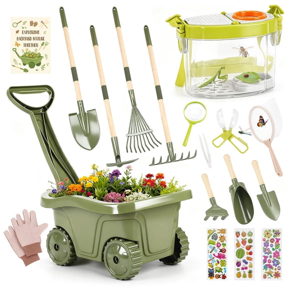 Dreamon Kids Gardening Tools & Bug Catcher Kit, 2-in-1 Outdoor Toys with Wheelbarrow and Bug House, STEM Educational Toys for 3 Year Old, Birthday Gi