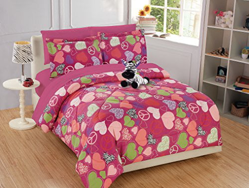 Fancy Linen 3pc Full Bedspread Set Pink Purple Teal Heart Flower Peace Sign New 