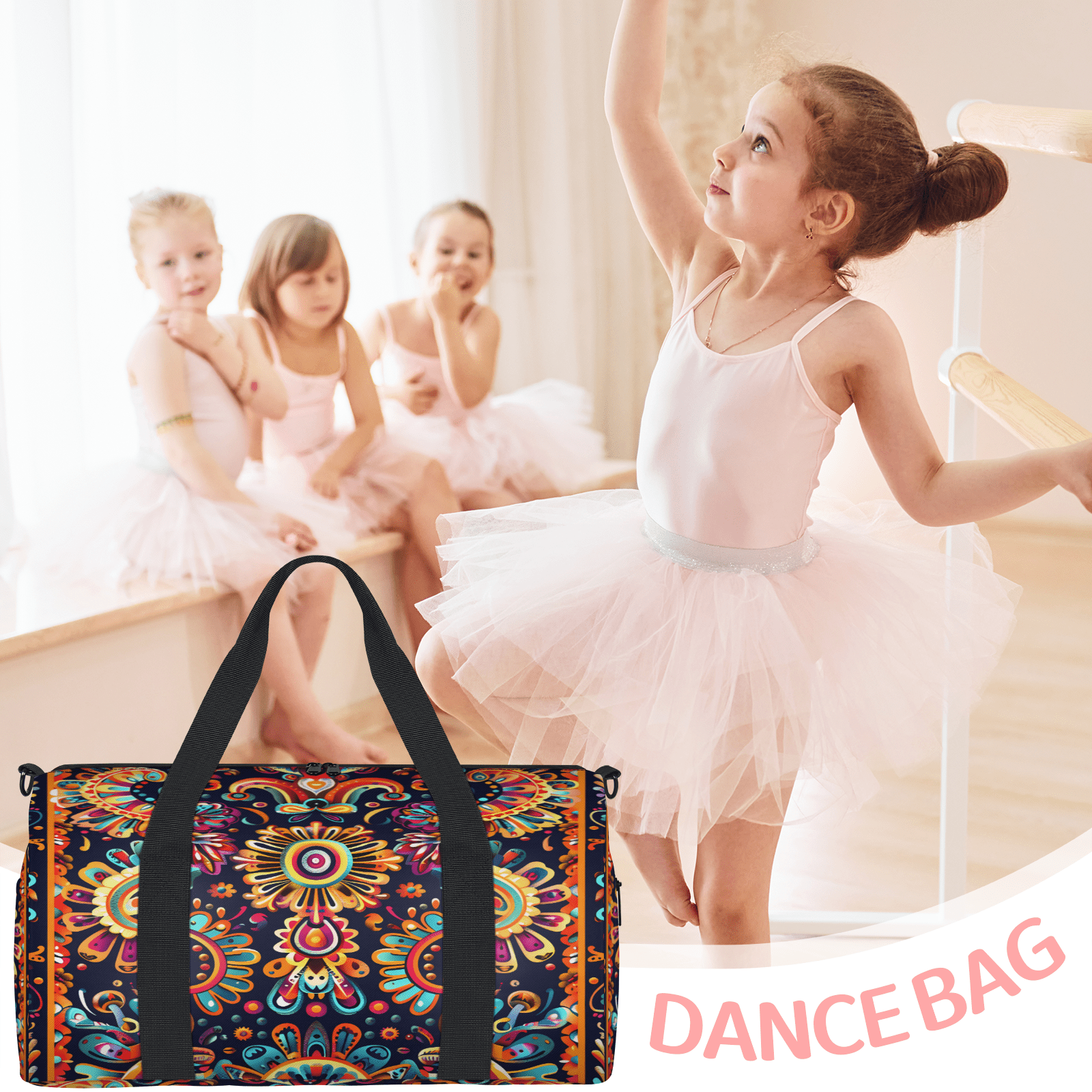 Herdesigns Mexica Flower Floral Gym Bag for Women, Duffle Bag for Travel Sport, Lightweight Waterproof Carry on Weekender Overnight Dance Yoga Workout Bags