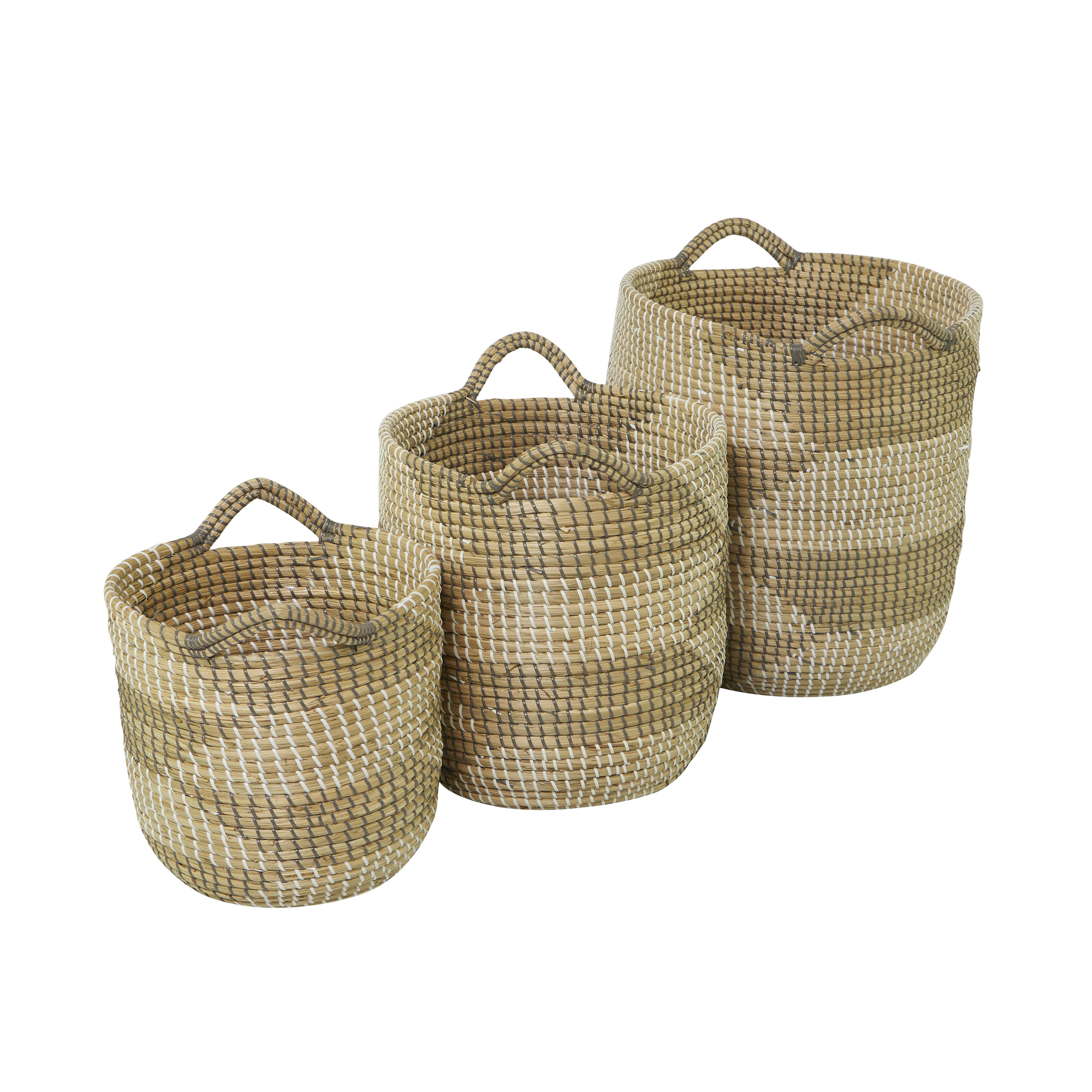 CosmoLiving by Cosmopolitan 19", 16", 13"H Brown Seagrass Handmade Two Toned Storage Basket with Handles, 3-Pieces