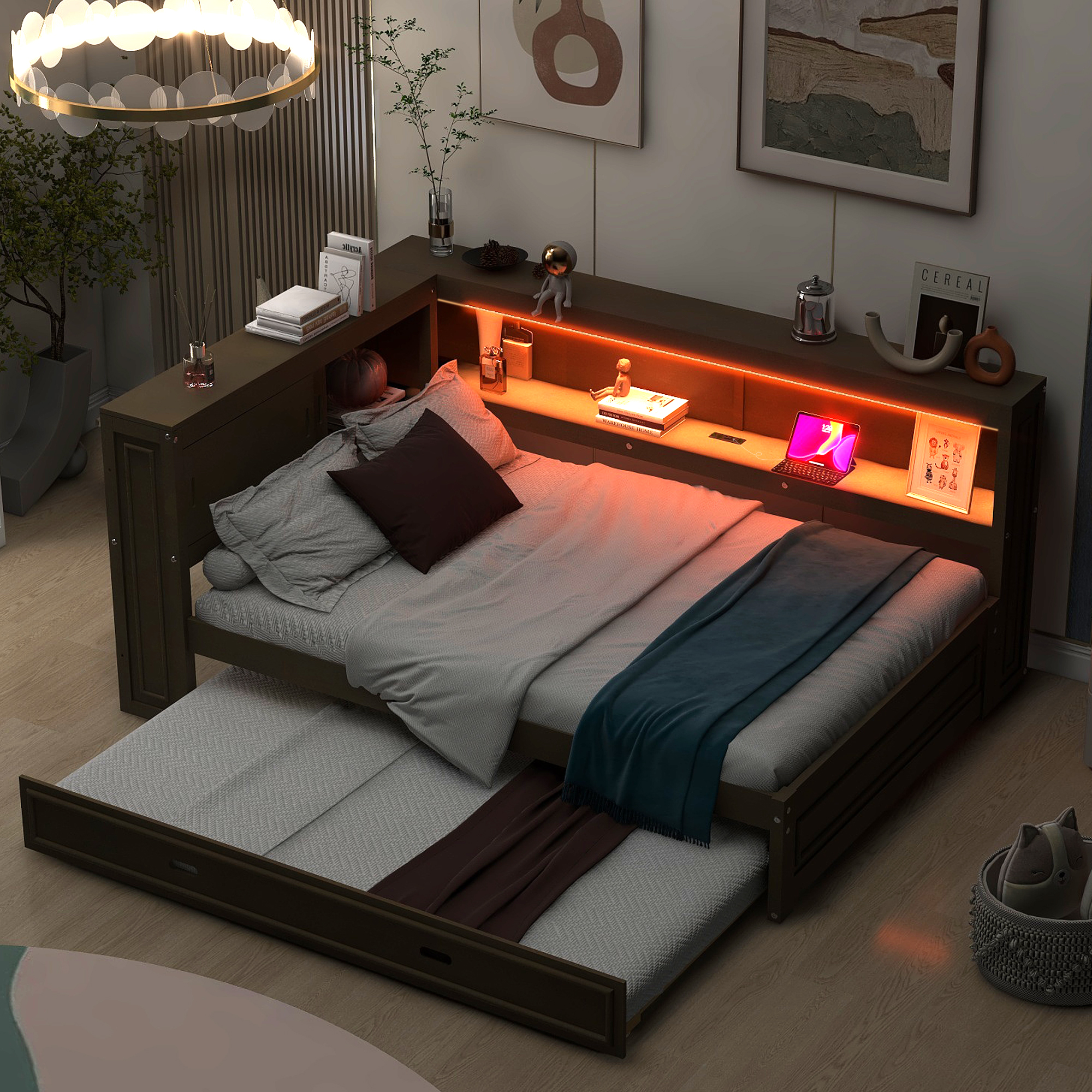 Euroco Wood Full Size Daybed with Storage Shelves and Trundle, USB Charging and LED Light, Wood