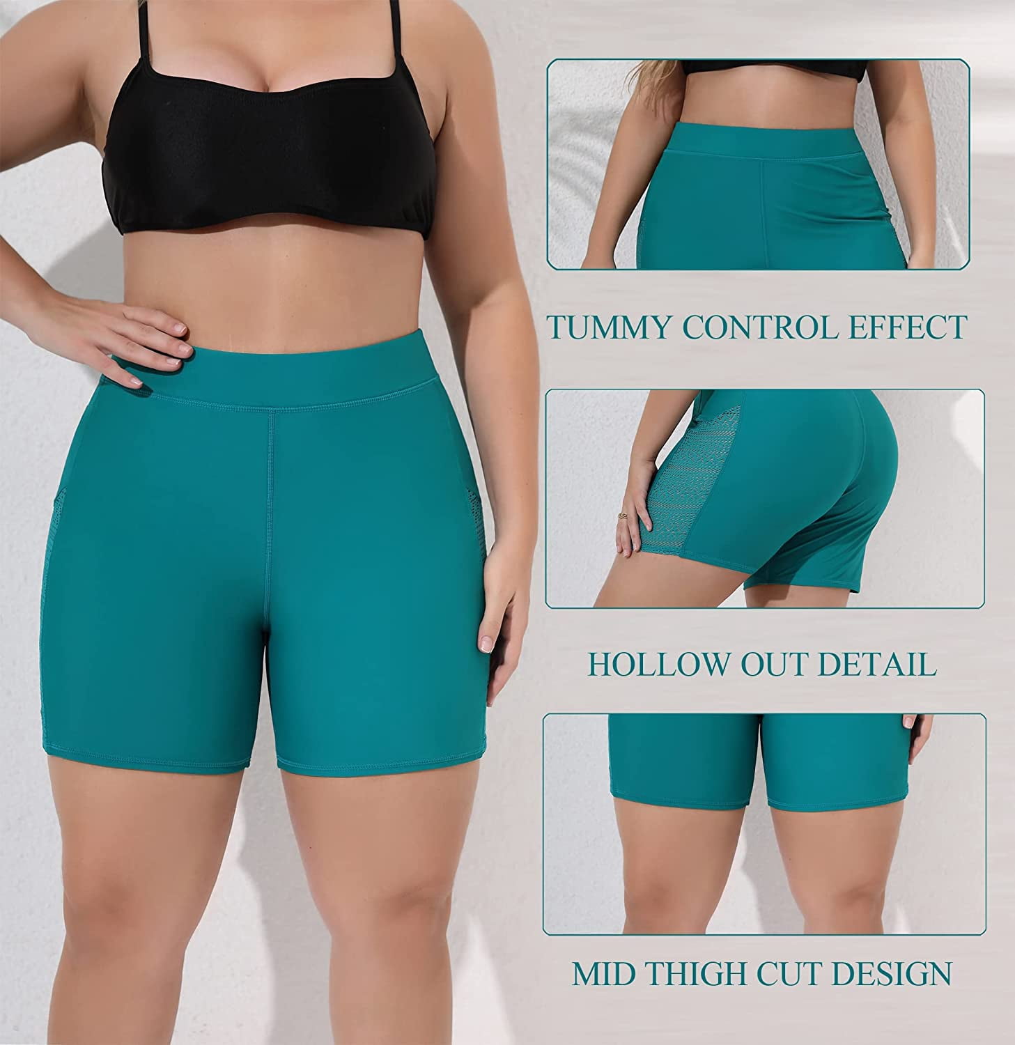 ALove Women's Plus Side High Rised Swim Shorts Tummy Control Hollow Out Swim Bottoms