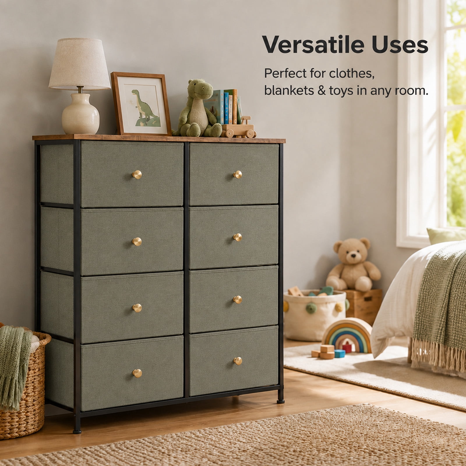 Alvantor 8 Drawer Fabric Dresser, Storage Tower for Bedroom and Closet, Chest of Drawers with Sturdy Steel Frame & Wooden Top for Living Room, Entryway
