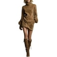 thumbnail image 4 of Female Long Sleeve Dress Mock Neck Slim Fit Bodycon Mini Dresses Caramel Color L, 4 of 9