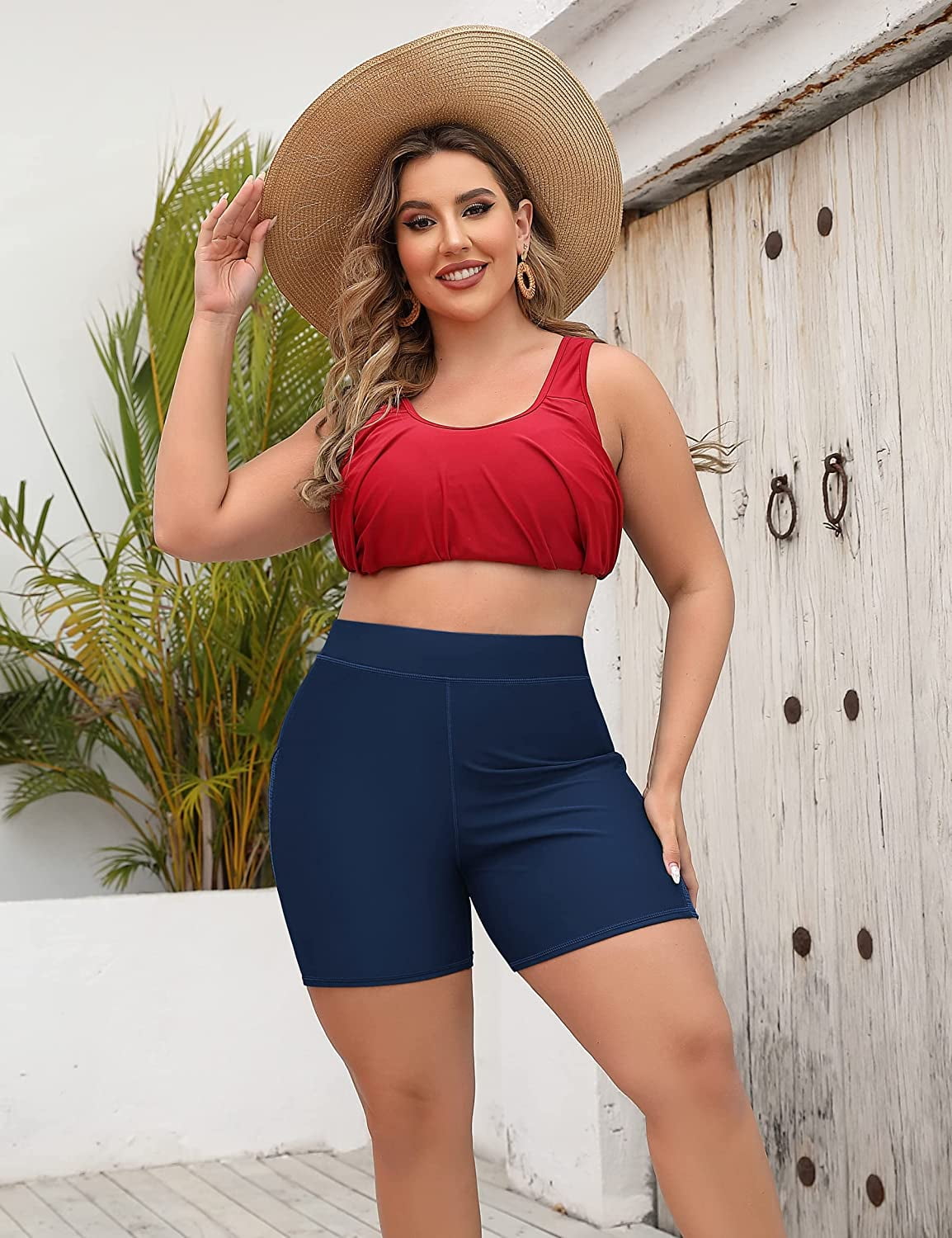 ALove Women's Plus Side High Rised Swim Shorts Tummy Control Hollow Out Swim Bottoms