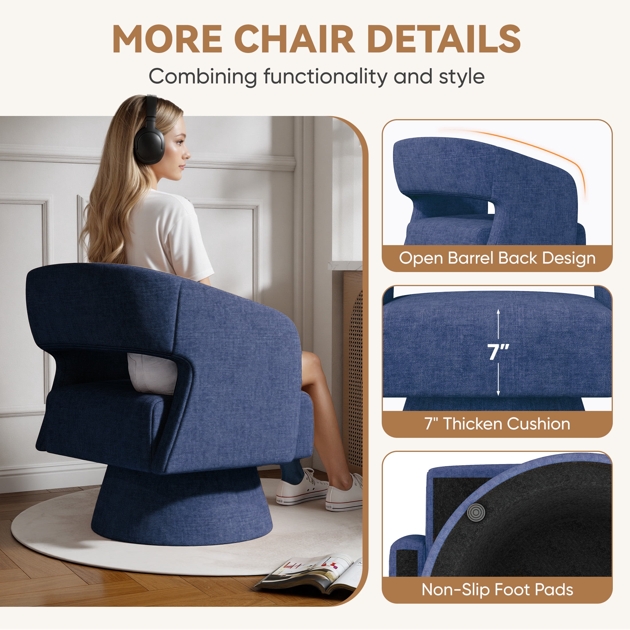 MOONMISS Oversized Chenille Swivel Barrel Accent Chair,Modern Comfy Round Arm Upholstered Armchair for Living Room,Blue