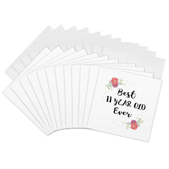 3drose, Floral Best 11 Year Old Ever Pink Flowers Cute 11th Birthday Girl Gift, 12 Greeting Cards with Envelopes