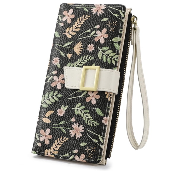 GAEKEAO Womens Wallet RFID Blocking Slim Thin Bifold Card Holder Vegan Leather Floral Long Clutch Wallets with Wristlet