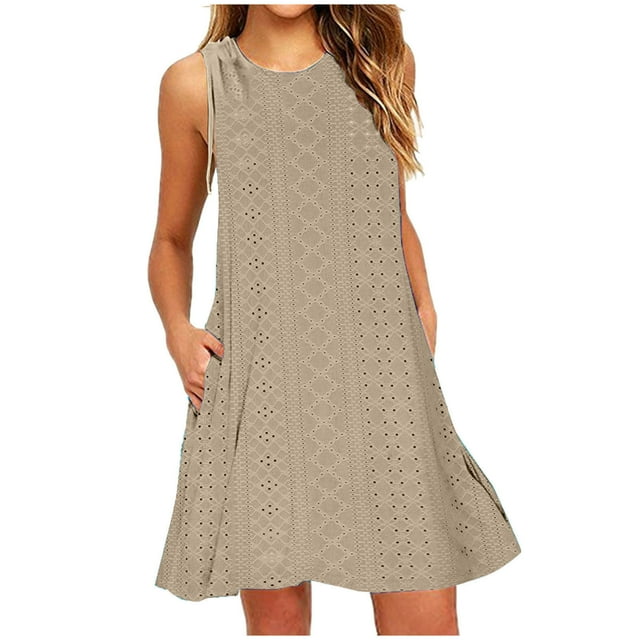 FAIWAD Robe Débardeur d'Été à Oeillets pour Femmes Sans Manches à Cordon, Fluide, Robe de Plage Décontractée, Mini-Robe de Plage