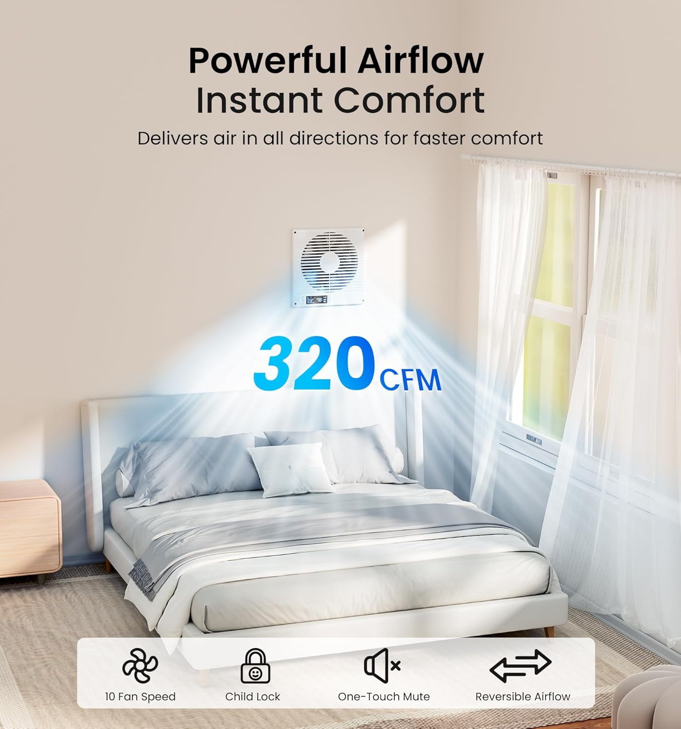 KOVIET 8 inch Room to Room Ventilation Fan with Remote, Quiet Reversible Through the Wall Air Transfer Fan, 10-Speed Smart Exhaust Vent, Temperature Control, ETL Certified for Bedroom, Kitchen, Laund